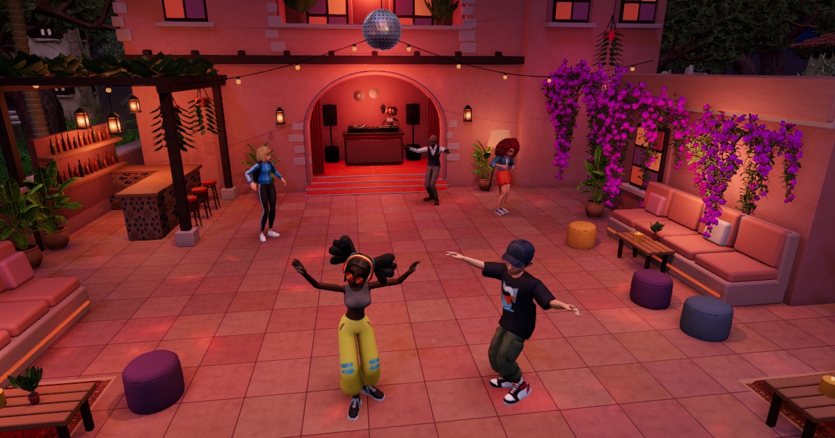 Two friends dancing together in a courtyard, with a DJ, disco ball and flowering plants behind them.